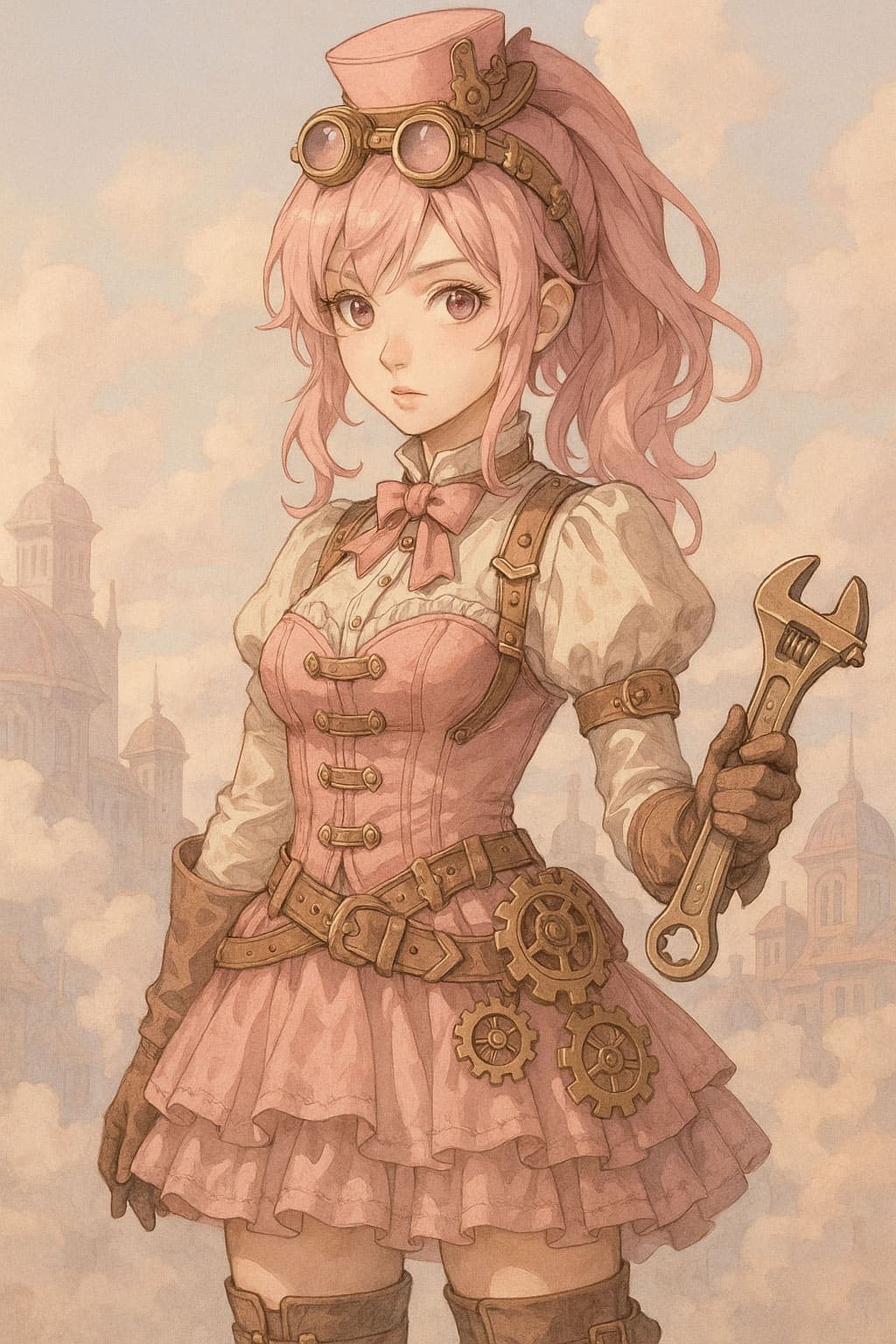 A steampunk artisan in pink Victorian attire holding a brass wrench, embodying the spirit of inventive craftsmanship